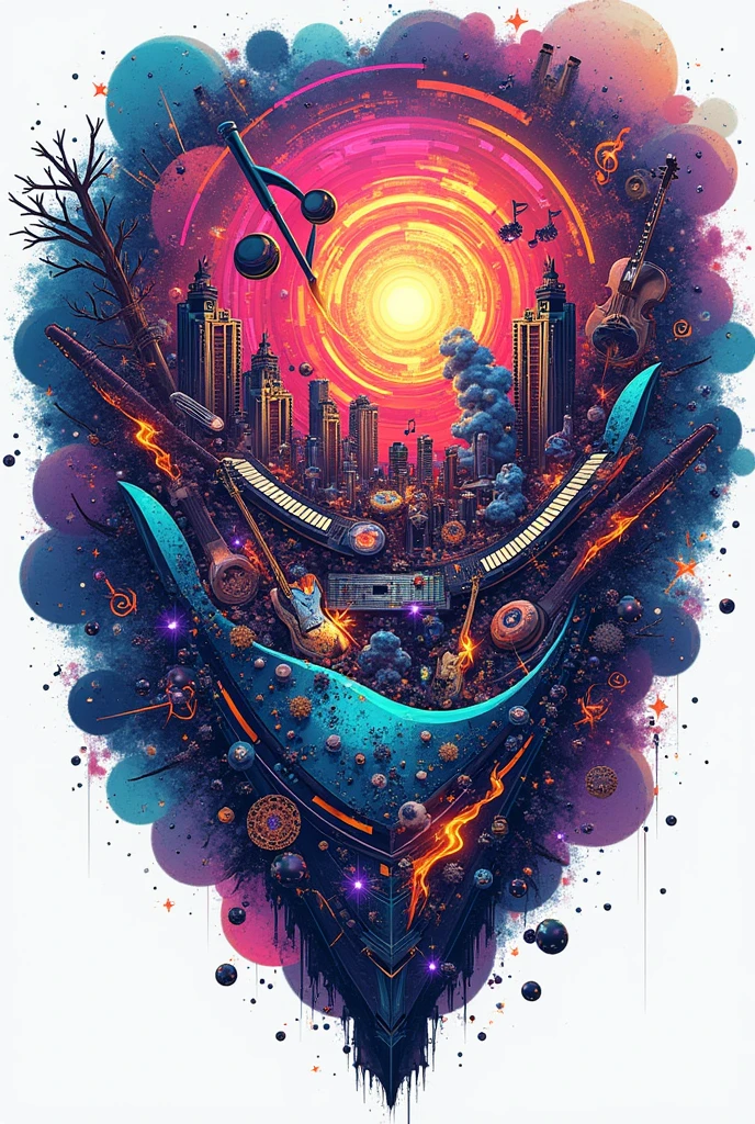 Design a hyper-complex music band logo with a transparent background. The logo should be an explosion of diverse musical elements and abstract art. It should feature a chaotic blend of electric guitars, drum kits, pianos, violins, saxophones, DJ turntables, and synthesizers, all layered with dense, overlapping musical notes, soundwaves, and sheet music fragments. Integrate cosmic themes like swirling galaxies, nebulae, and star clusters, alongside abstract shapes such as geometric fractals, tessellations, and fluid, liquid forms. Add a mix of natural elements like fire, water droplets, leaves, lightning, and smoke tendrils, combined with futuristic technology motifs like circuit patterns, digital grids, and holographic effects. The color scheme should be a vivid spectrum of neon shades—electric blues, deep purples, vibrant greens, and bright pinks—contrasted with metallic silvers, golds, and chrome. Include layers of textures like cracked glass, molten lava, and holographic reflections to create depth. The design should feel three-dimensional, with elements that appear to burst out from the logo, creating a sense of motion and dynamism. The overall style must be extremely detailed, avant-garde, and visually overwhelming, without any text, and must have a transparent background for versatile use.