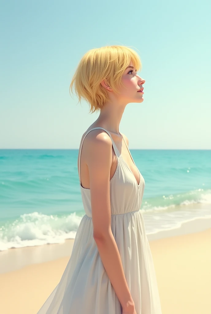 The image shows a young woman with short blonde hair standing on a beach. She is wearing a g