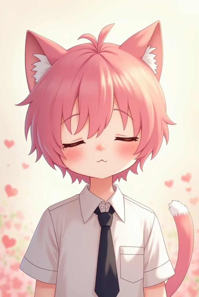 A cat boy with white shirt and  black tie also pink hair Anime pic cute and cute BG and closed eye also hot