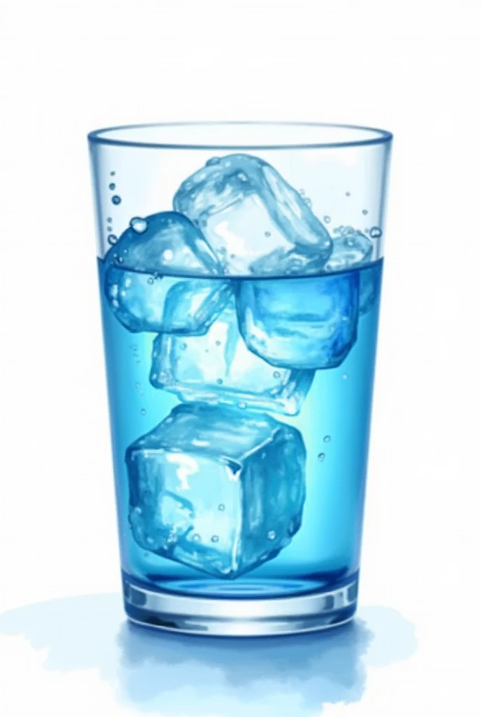 blue wodka with ice in an glass waterdrops waterpainting wit watercolors and white background 
