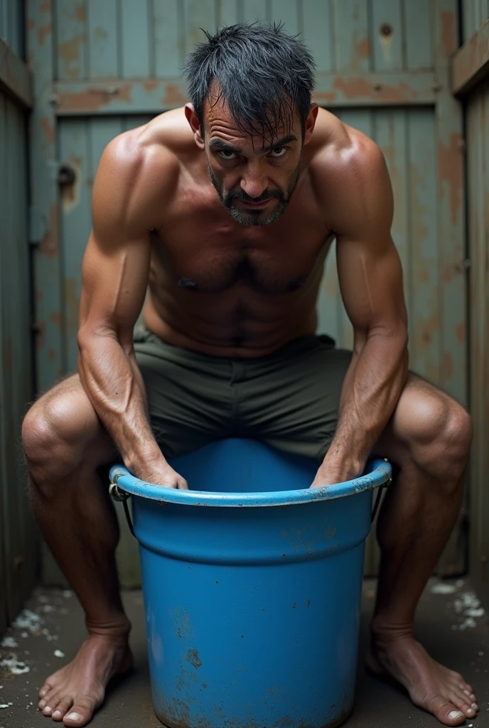 sweating man on his back about to sit on top of a blue bucket, he is quite tired from straining. He&#39;s about to urinate in the bucket.