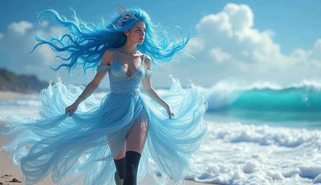 goddess of water aqua, Blue hair, black stockings, beach, sexy, dress, Water Magic, long hair,
