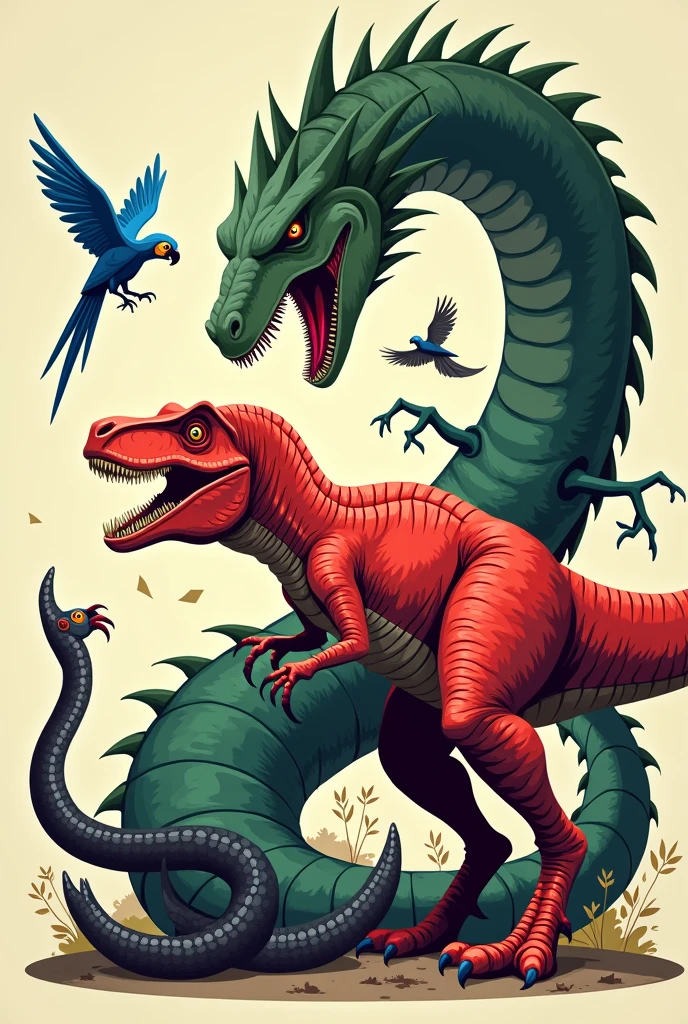 Lightly animated graphic drawing of a red T-rex being ferociously attacked by a black snake, a blue macaw, and a green hydra (mythical being)