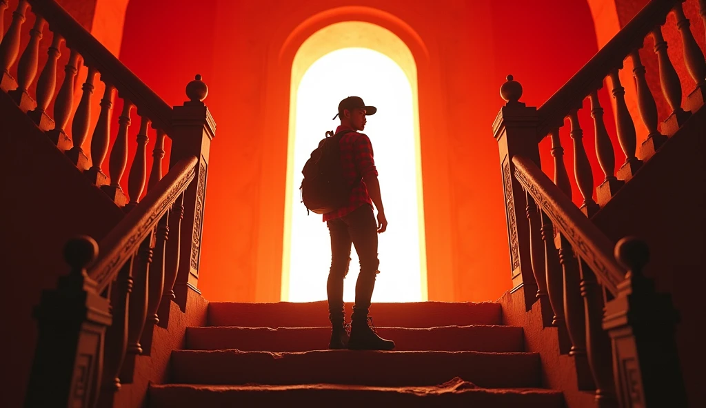 Hyper realistic, depict dramatic scenes with strong color contrasts, especially in shades of red and orange, depicting environments that appear otherworldly. In the middle, there was a white door emitting bright light, with the silhouette of a person standing in the doorway. Face detailed. Look straight ahead. 27yo Indonesian man wearing dark red flannel shirt and dark ripped jeans pants and black hiking hi-shoes with black backward trucker hat, wear dark leather backpack, masculine photoshoot pose, arrogant man expression. On the side of the stairs leading to the door. The setting includes architectural elements such as stairs and railings that have an otherworldly ancient design.