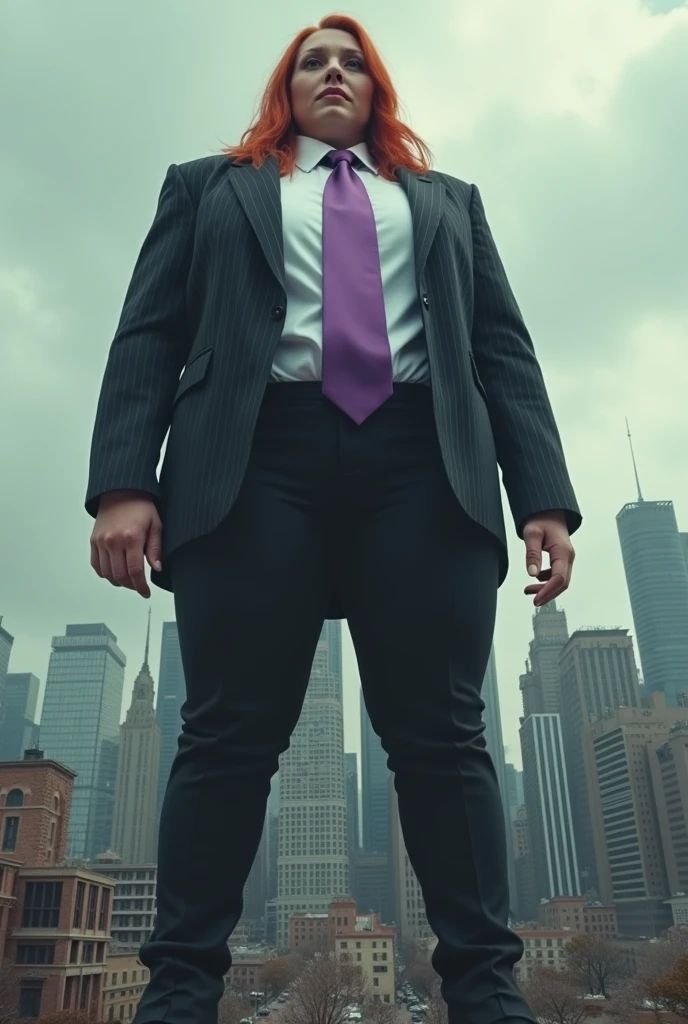 giant, giant art, giantess, heels much larger than a skyscraper , huge breasts, black pinstriped suit,white tailored shirt, very thick metalic purple tie, Has ginger waist-length hair,Wearing a pair of platform heels, leaning over, massive tie larger than a skyscraper, A look of enjoyment, Beautiful appearance,very small metropolis, Trying to destroy a miniature metropolis, Full body depiction, nffsw, Giga Giant, Exquisite makeup,quality, Cinema lighting,film grain,8k,textured skin,Super details,high detail,high quality,high resolution, smile