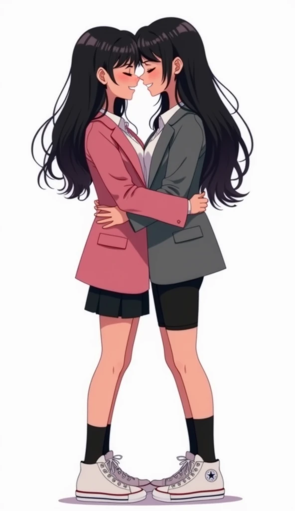 Two young womens, long black hairs, yuri, same height, lesbian.
The first young women wear a pink suit jacket, white shirt, black pencil skirt 14 cm, black underpants, black socks, white sneakers high top.
The second young women wore a grey suit jacket, white shirt, black pencil skirt 14 cm, black underpants, black socks, white sneakers high top.
cheek to cheek, smiled, white background, novel cartoon, 4K, HD.