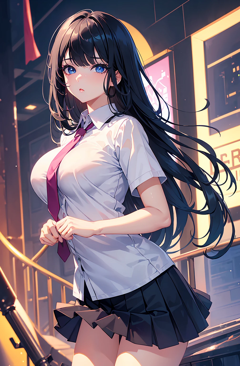 ((short, Highest quality, High resolution, Hmph, Pixel perfect, 4K, Hmph, Hmph))), One Girl, single, alone, Beauty、 ((  Black Hair、bangs)), ((Big blue eyes, Beautiful eyelashes, Realistic eyes、Double)), ((Detailed watery eyes, )), ((Smooth texture:0.75, Realistic texture:0.65, Realistic:1.1, Anime CG style)), Big Breasts, Perfect body, school uniform、skirt、Pink tie