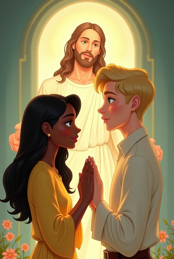 Disney-style drawing of a black woman with straight hair, with a yellow shirt and a blond man with green eyes with a dress shirt, praying with Jesus by the side drawing