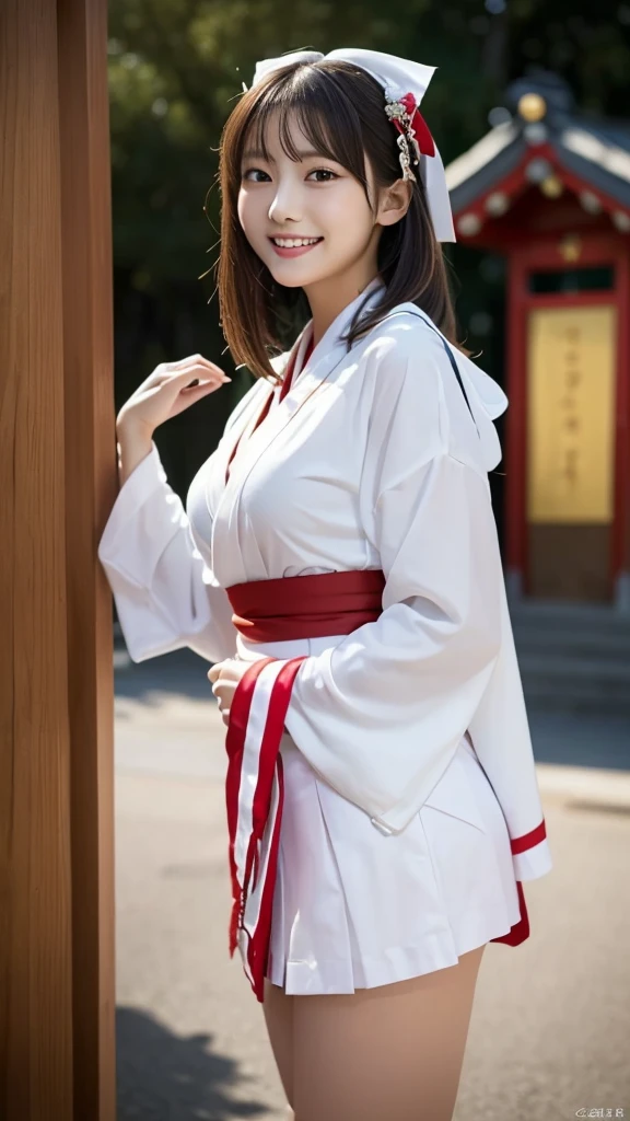 masterpiece, Highest quality, figure, Very detailed, In detail, High resolution, 8k wallpaper, Perfect dynamic composition, Beautiful attention to detail, slender, Medium-sized breasts with a high firmness, A clean and mature face, Top model poses, smile, (Photo taken from a distance, from the front:1.5, Front view:1.5), (Shrine at night), ((The highest grade shrine maiden, Short skirt, Open chest))
