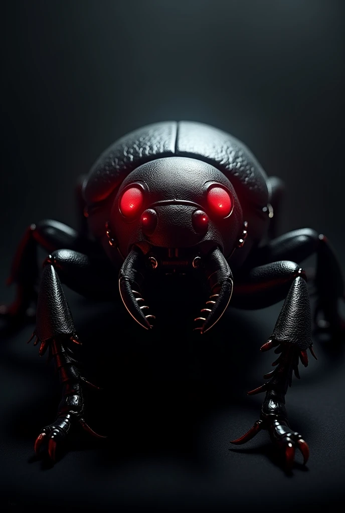 Create for me the image with the black background of a black Beetle looking from the front with the red headlight