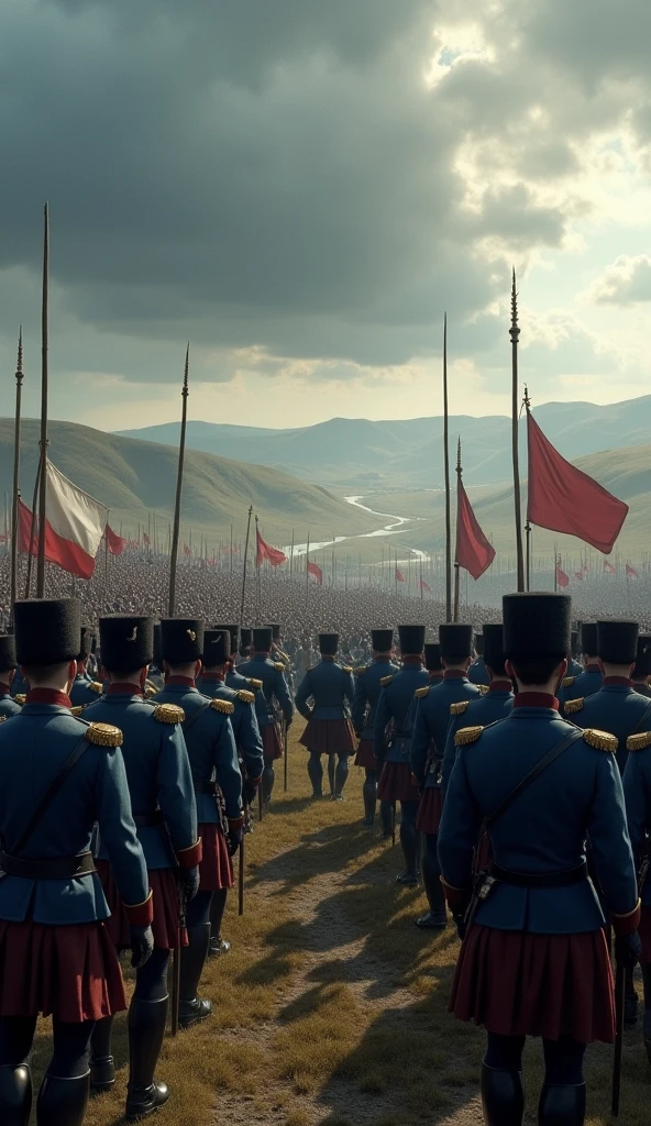 A sweeping cinematic view of a massive battlefield, showcasing approximately 2 million French soldiers poised for action. The scene is set with soldiers in Napoleonic-era uniforms, wearing distinctive blue coats and tall shakos, arranged in meticulous formations. The expansive battlefield features rolling hills and a winding river in the background, with the dramatic play of light and shadow from a stormy sky enhancing the grandeur of the scene.



