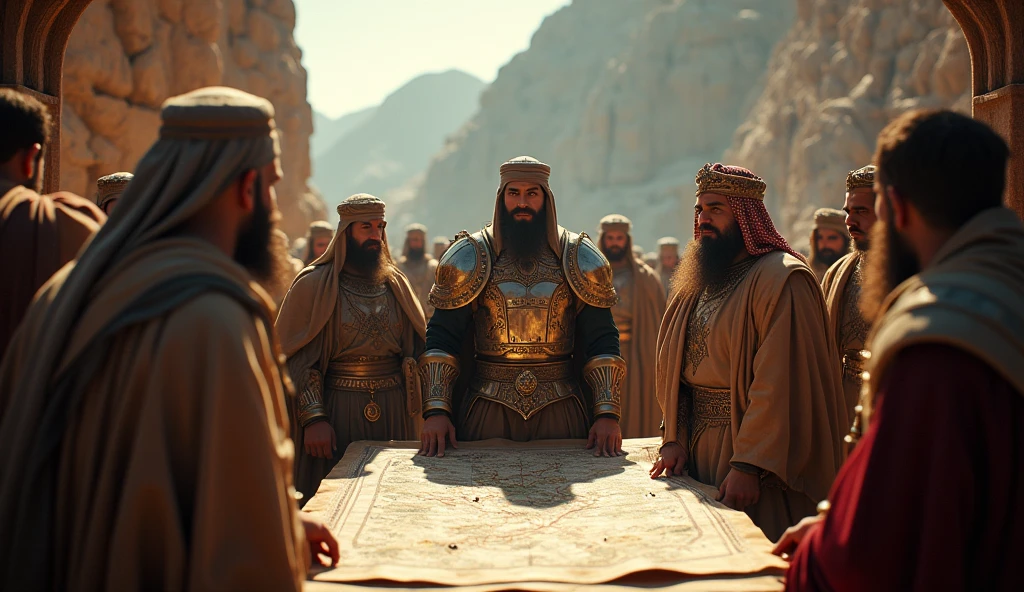 Create a cinematic, ultra-realistic scene of Thariq bin Ziyad and his generals planning an attack. Thariq, dressed in detailed Islamic warrior attire with a turban and armor, is the focal point, standing over a map with a determined expression. His generals, similarly dressed, are gathered around him, each contributing to the strategy. The setting is dramatic and epic, with a large tent or a mountainous landscape in the background. The lighting is dynamic, with deep shadows and sharp highlights that accentuate the seriousness of the moment. The color grading enhances the contrast between the rich, warm tones of the warriors' attire and the cool, muted tones of the background, creating a powerful and immersive atmosphere