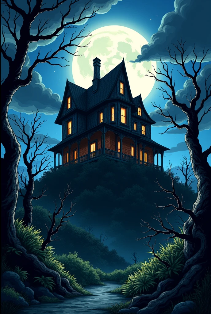 90s anime style drawing of a haunted house