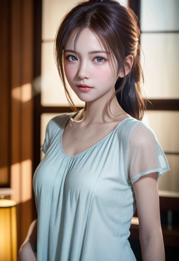 8K, of the highest quality, masutepiece:1.2), (Realistic, Photorealsitic:1.37), of the highest quality, masutepiece, Beautiful young woman, Pensive expression, Gentle eyes, Cute Nightgown、full of shyness、Hair tied back, Messy mood, Cinematic background,  Light skin tone