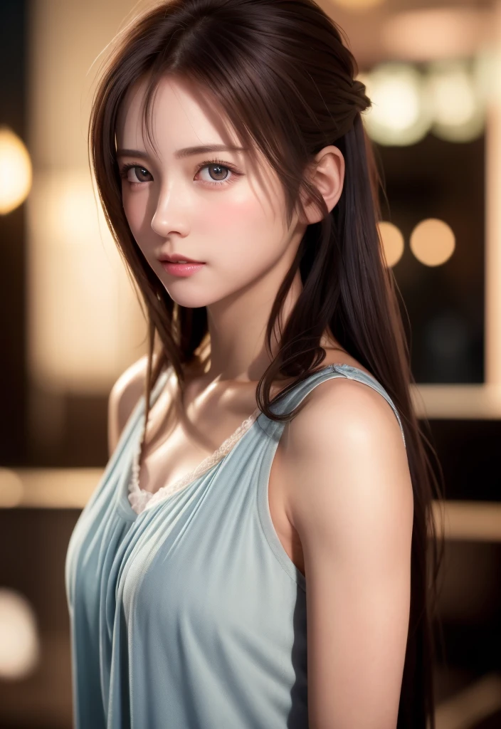 8K, of the highest quality, masutepiece:1.2), (Realistic, Photorealsitic:1.37), of the highest quality, masutepiece, Beautiful young woman, Pensive expression, Gentle eyes, Cute Nightgown、full of shyness、Hair tied back, Messy mood, Cinematic background, Light skin tone