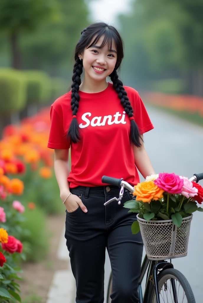 beautiful indonesian girl, smooth white skin, well-groomed face,double braided hair,trendy bangs,, baju kaos red bermotif logo Santi, black jeans jumpsuit pants,,,
white shoes, pose in the middle of the road, smiling sweetly while pushing the bike, in the bicycle basket full of colorful roses (orange, )(red)(,pink,) Background ,There are colorful rose plants on the left and right sides of the road,Realistic original photo
