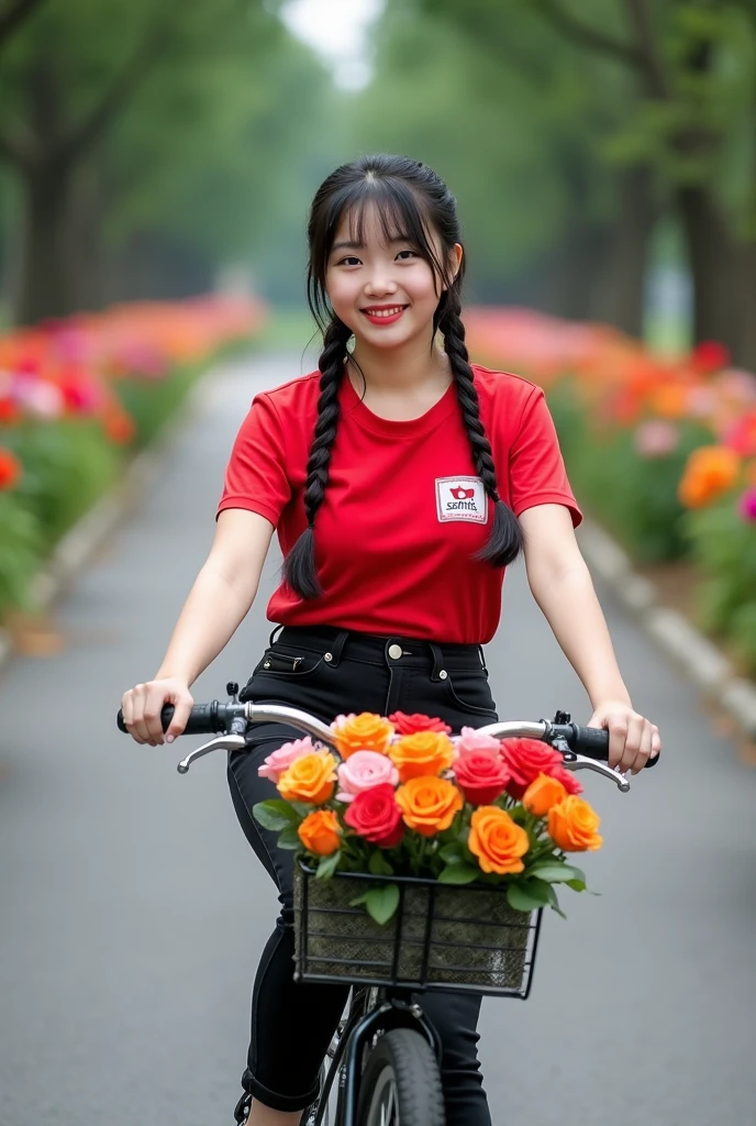 beautiful indonesian girl, smooth white skin, well-groomed face,double braided hair,trendy bangs,, baju kaos red bermotif logo Santi, black jeans jumpsuit pants,,, 
white shoes, pose in the middle of the road, smiling sweetly while pushing the bike, in the bicycle basket full of colorful roses (orange, )(red)(,pink,) Background  ,There are colorful rose plants on the left and right sides of the road,Realistic original photo 