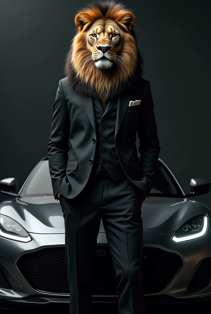 A lion have black suit with black hair on a car 