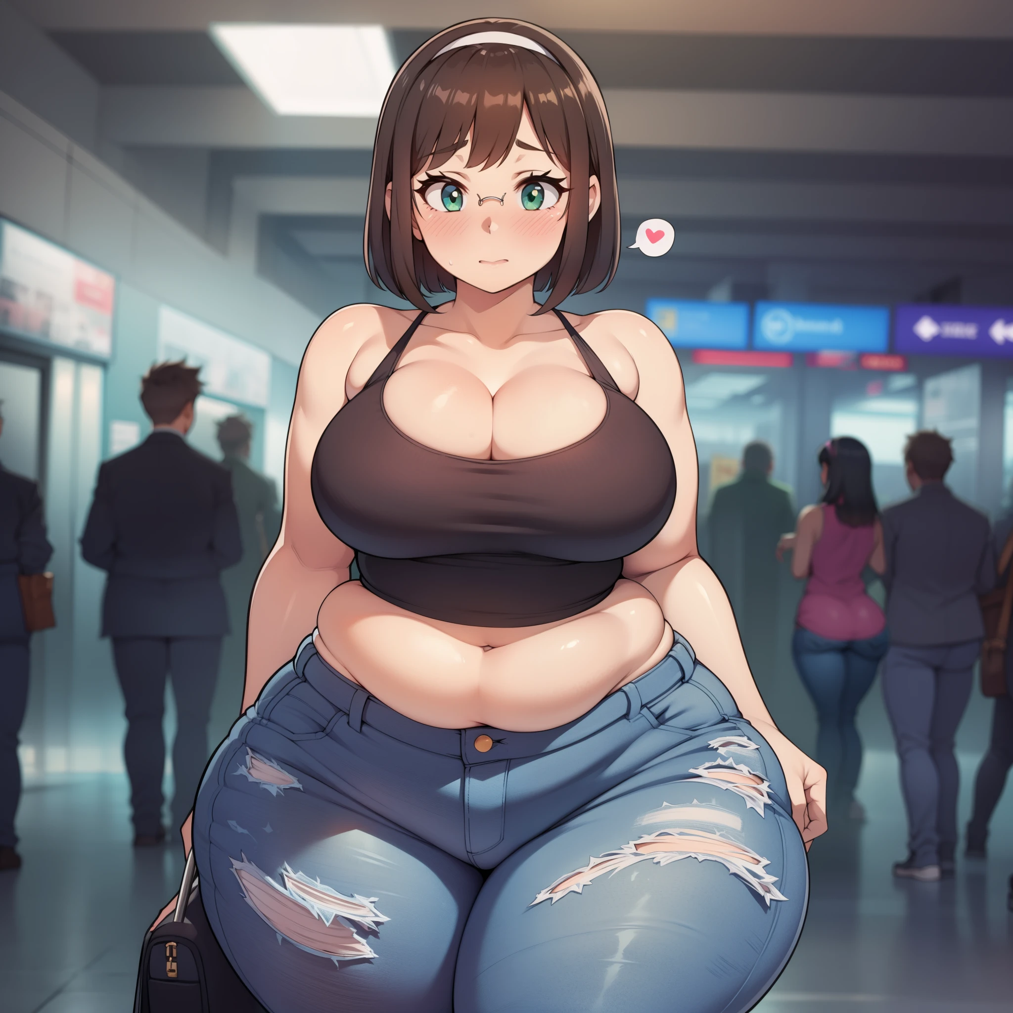 ((highres)), Masterpiece, high quality, best quality, beautiful, perfect lighting, detailed face, ultra cute face, ((1girl)), ((blush)), ((blush)), embarrassed, shy, looking at viewer, skindentation, short brown hair, fluffy hair, green eyes, glasses, head band, jeans, tank top, tight clothes, full body,  airport, medium breasts, perky breasts, cleavage, wide hips, (thick thighs), ((chubby)), standing, (arms behind back), looking at viewer, spoken heart,