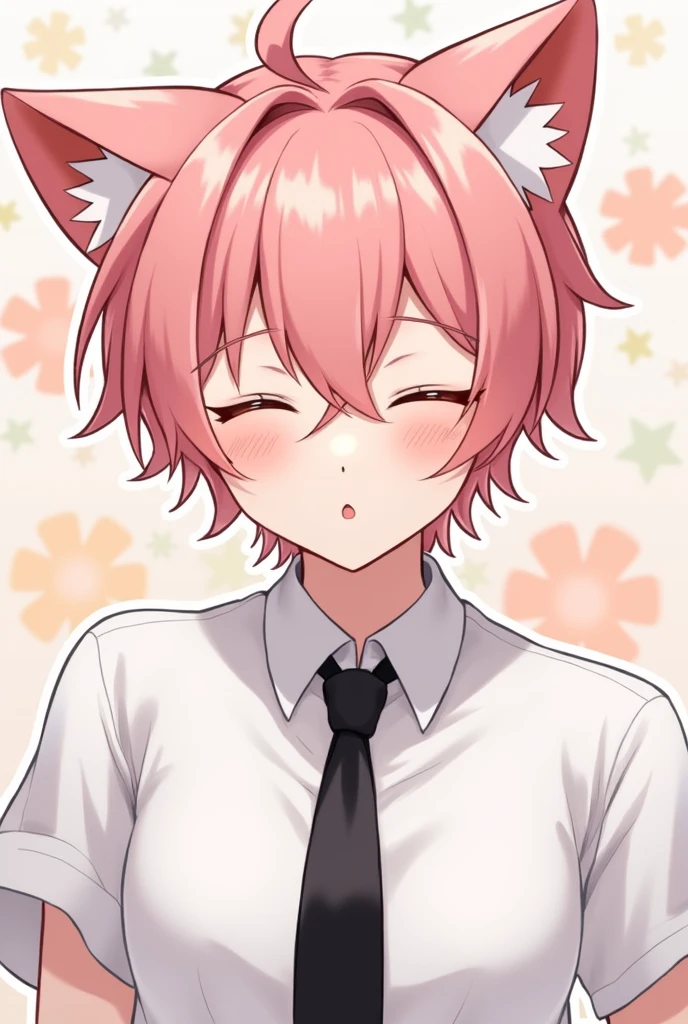 A cat boy with white shirt and black tie also pink hair Anime pic cute and cute BG and closed eye also hot sharp jawline