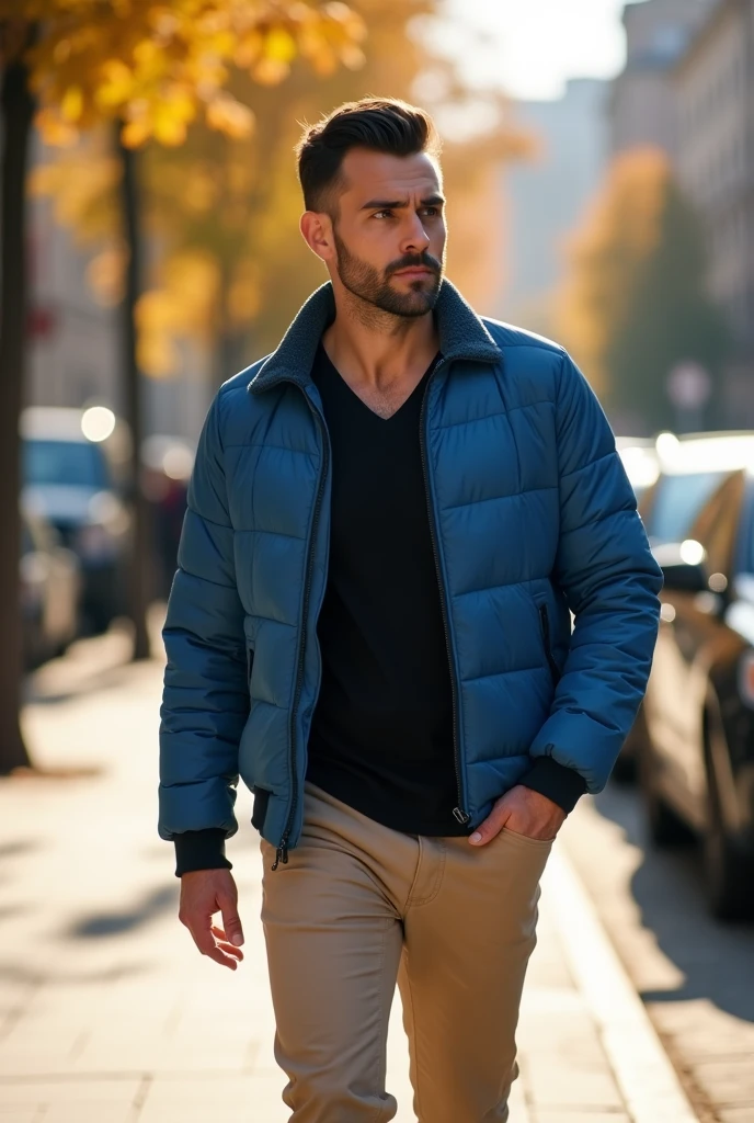 фото full length идущего по городу русского мужчины, Medium height, 35 years, walks along the sidewalk along the road, black hair, Sports figure, broad shoulders, a neat stylish hairstyle, wide cheekbones, smart casual look, blue lightweight quilted jacket,  черная Tight T-shirt с треугольным воротом, Tight T-shirt, beige trousers, brown shoes, warm autumn, Early autumn, Sunny weather, walking through the city, looks ahead, Stylish look, Men's fashion, Men's style, thoughtful look, full length, free pose, dynamic pose, solar lighting, daylight, black hair, blunt bangs, Serious, expressionless, atmospheric perspective, bokeh, f/1.8, 85mm, Nikon, depth of field, uhd, masterpiece, accurate, anatomically correct, textured skin, super detail, high details, high quality, highres, 4K