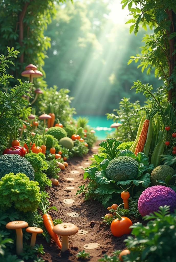 The dream garden has many types of vegetables, water, hedges, garden brush, soil, broccoli, mushrooms, carrots, kale, and baby corn.