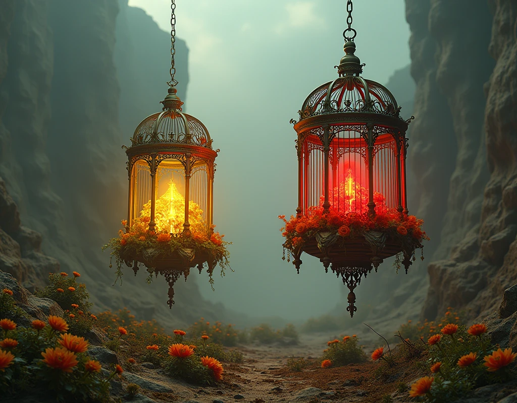 Make me a picture of two bird cages in Sodom, one shines with a yellow light and the other with a red light and where these cages are the ground blooms