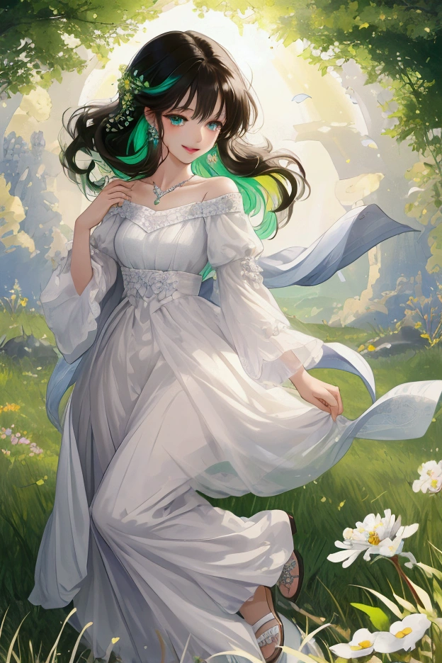 (masterpiece、Highest quality、8k、High resolution)、1 female、Beautiful eyes with slit length、Cute lips、Beautiful Nose、Brownish black hair、smile、(Best anime girl)、Green grassland with forest view、Walking,Colorful flowers blooming in the field,A bright night with the stars clearly visible、milky way、Mysterious light particles from the whole body、Colorful light particles、A mysterious light shining around your head、melt、jewelry、necklace、White lace dress、(Beautiful full body style)、Highly detailed anime art、A complete portrayal、