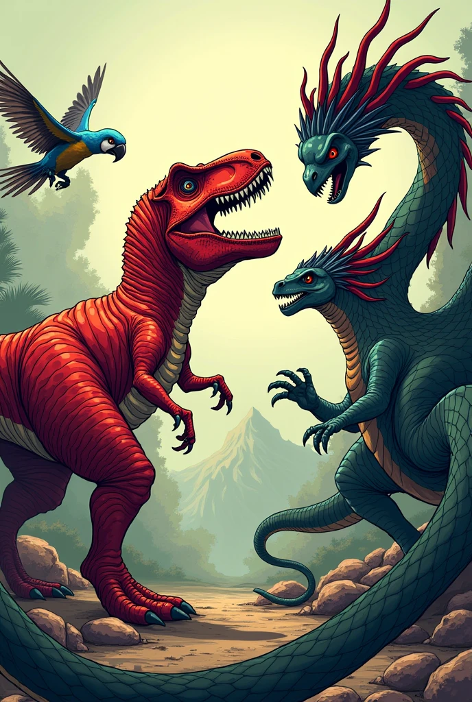 Lightly animated graphic drawing of a red T-rex being seriously attacked by a black snake, a blue macaw, and a green hydra (mythical being)