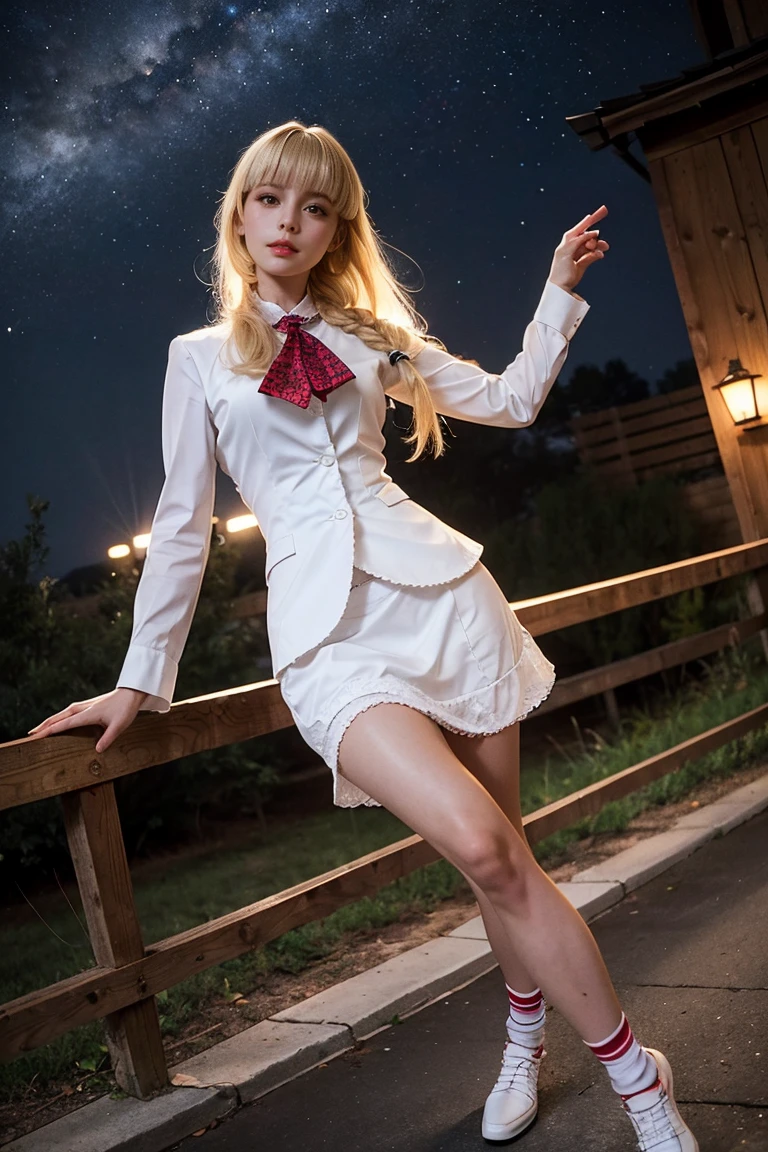 (Masterpiece, Best Quality: 1.3), 1girl, solo, long hair, standing, skirt, mid-calf riding shoes, starry sky, night, looking at viewer, braids, medium bust, TKLili, blonde, blunt bangs