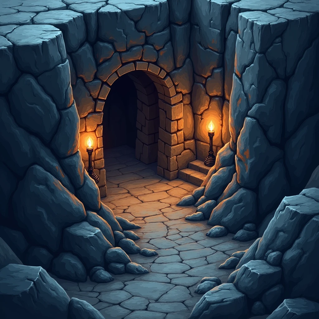 isometric digital icon of underground corridor excavated in a mountain with torches on the walls, dark grim tone, drawn on paper