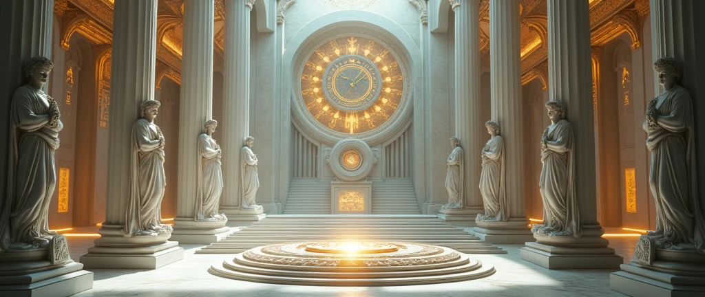 a close up of a room with statues and a clock, majestic occult gates, emperor secret society, galactic temple, esoteric symbolism, ultra detailed symbolism, esoteric, archillect concept art, artgem and beeple masterpiece, esoteric art, alchemy concept, the temple of truth is white, atmoshperic, occult aesthetics alchemy