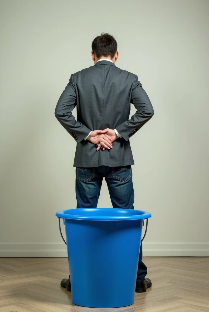 Man with his back turned with both hands hidden forward towards his belly, pretending to urinate in a blue bucket.