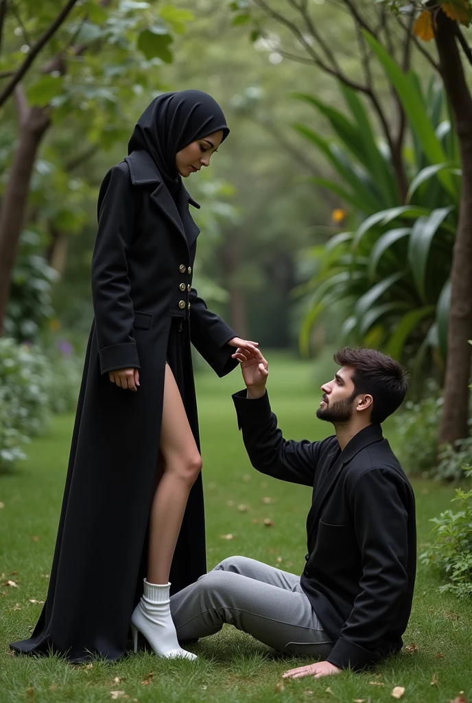 A Muslim girl with hijab from kerela kneeling on knees and licking boyfriends pants