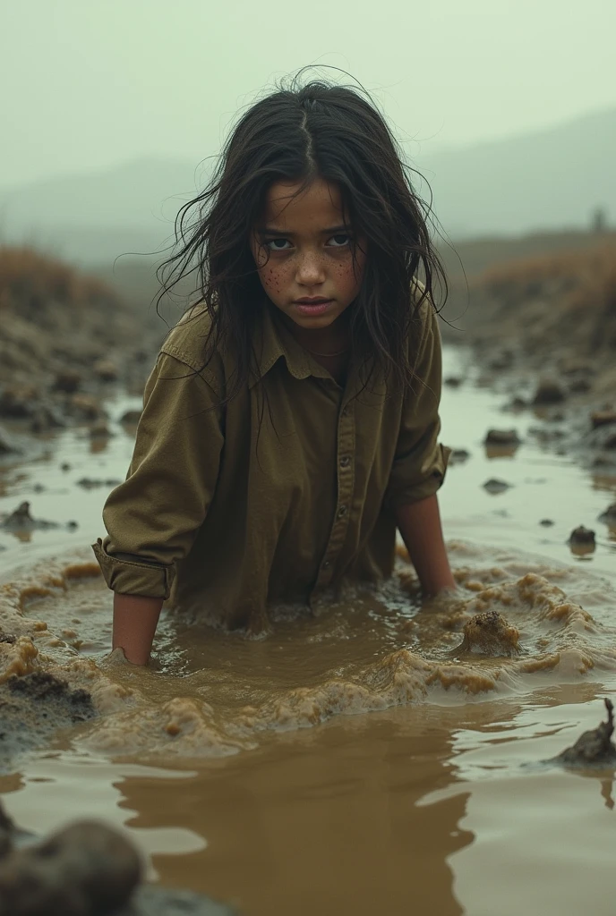 14 year old British girl, barefoot, dramatic lighting, highest quality, movie stills, (healthy female body, (ragged), perfect face, looking at viewer, (skin detail), [muscle],, ((dirty )), (mud), (storm clouds: 0.7), (sunny: 0.6), dark, natural light, (direct light: 0.4), 8mm film grain, using Sony a9 II, 24mm lens, F/2.8 aperture, deep focus , (raw), 8k