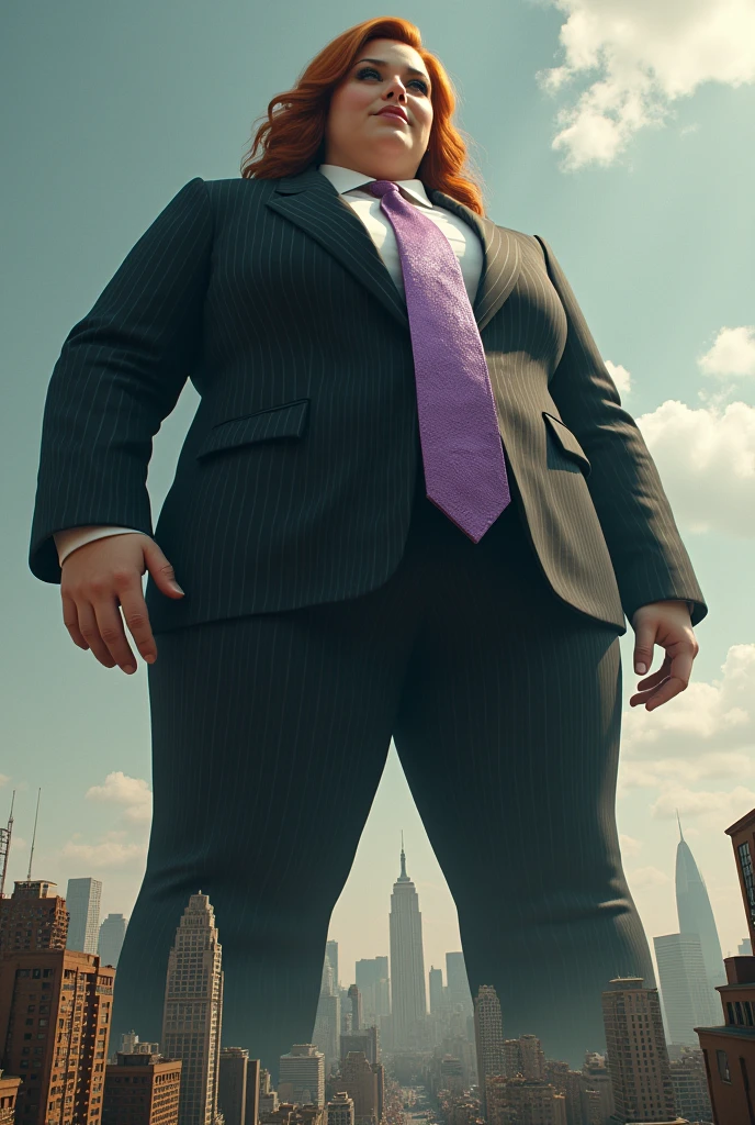 giant, giant art, giantess, heels much larger than a skyscraper , huge breasts, curvy, black pinstriped suit,white tailored shirt, very thick metallic purple tie, Has ginger waist-length hair,Wearing a pair of platform heels, leaning over, massive tie larger than a skyscraper, A look of enjoyment, Beautiful appearance,very small metropolis, Trying to destroy a miniature metropolis, Full body depiction, nffsw, Giga Giant, Exquisite makeup,quality, Cinema lighting,film grain,8k,textured skin,Super details,high detail,high quality,high resolution, smile