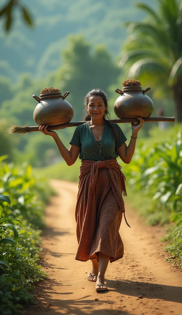 The woman is shown walking along a dirt path, balancing the pole with two pots on her shoulders. Her gait is steady and unhurried, with a peaceful expression as she makes her daily journey., highly detailed, photorealistic, 8k, best quality, intricate details, vivid colors, dramatic lighting, realistic textures, motion blur background