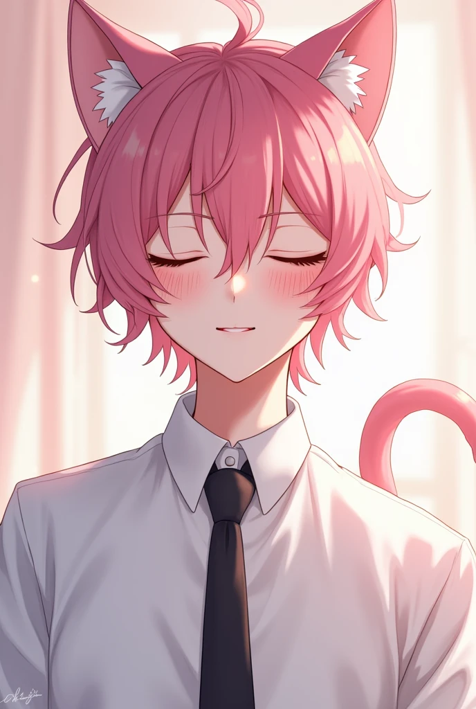 A cat boy with white shirt and black tie also pink hair Anime pic cute and cute BG and closed eye also hot sharp jawline boy