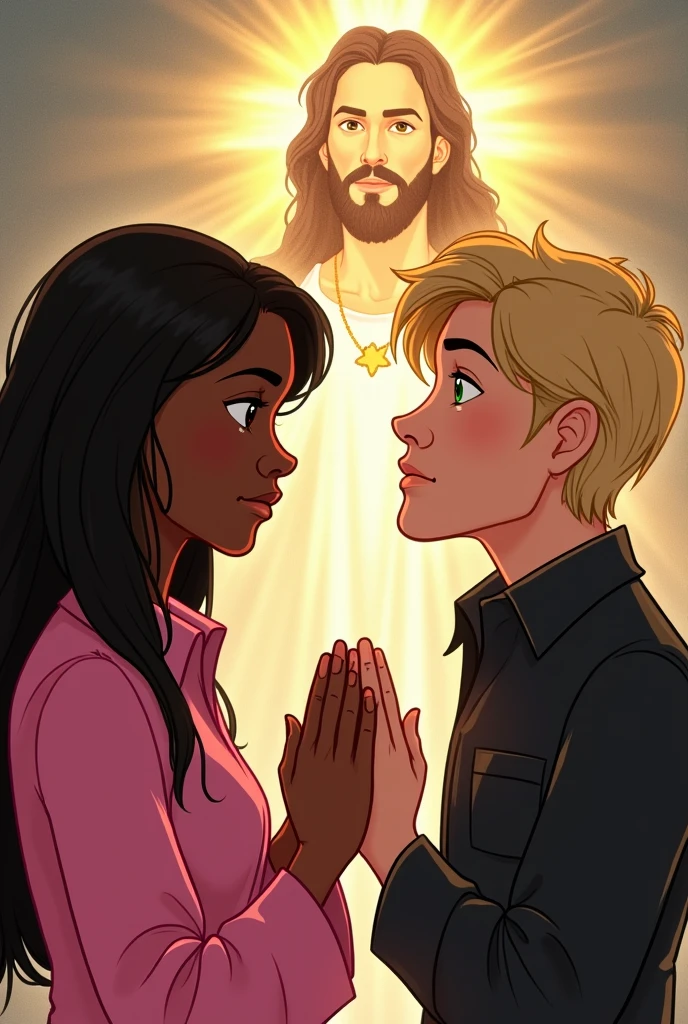 Disney-style drawing of a black woman with straight hair, with a pink shirt and a blond man with green eyes with a black dress shirt praying with Jesus on the side drawing