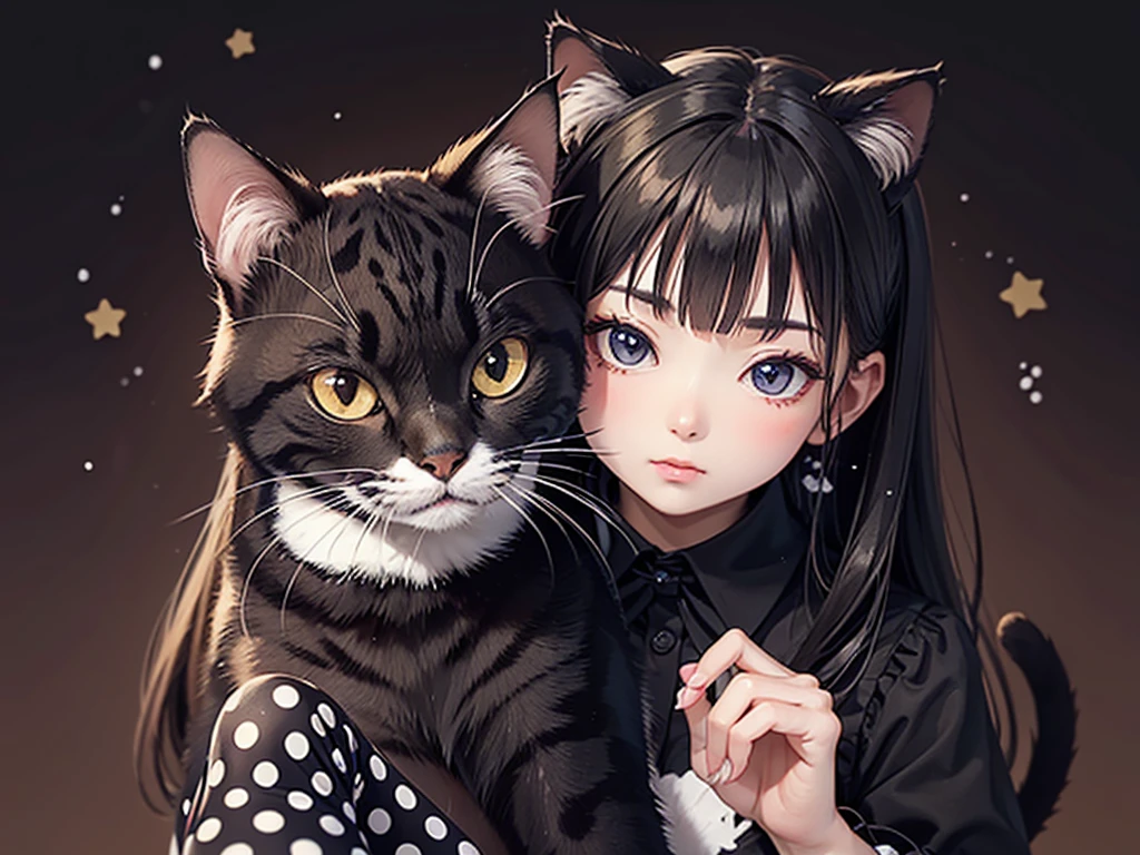 Cat wearing a black polka dot ribbon