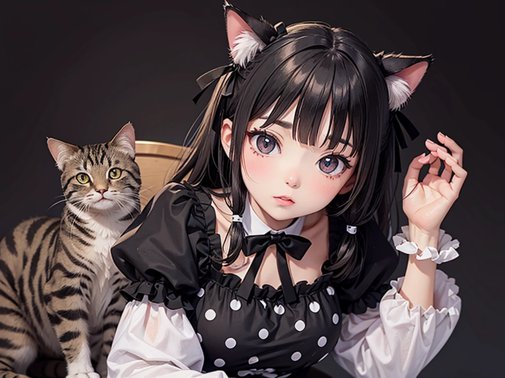 Cat wearing a black polka dot ribbon