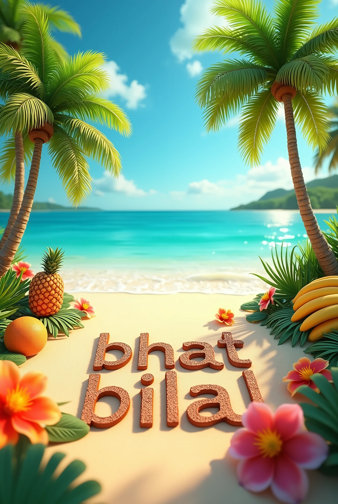 A 3D render of a tropical paradise with the text "Bhat Bilal" written in a playful, island-inspired font onthe beach. There are palm trees swaying in the breeze, exotic fruits like pineapples and bananas, and a dazzling array of colorful flowers. The sky above is a brilliant blue, and the sun casts a warm glow on the sandy shore. The overall atmosphere is inviting and serene, perfect for a tropical getaway