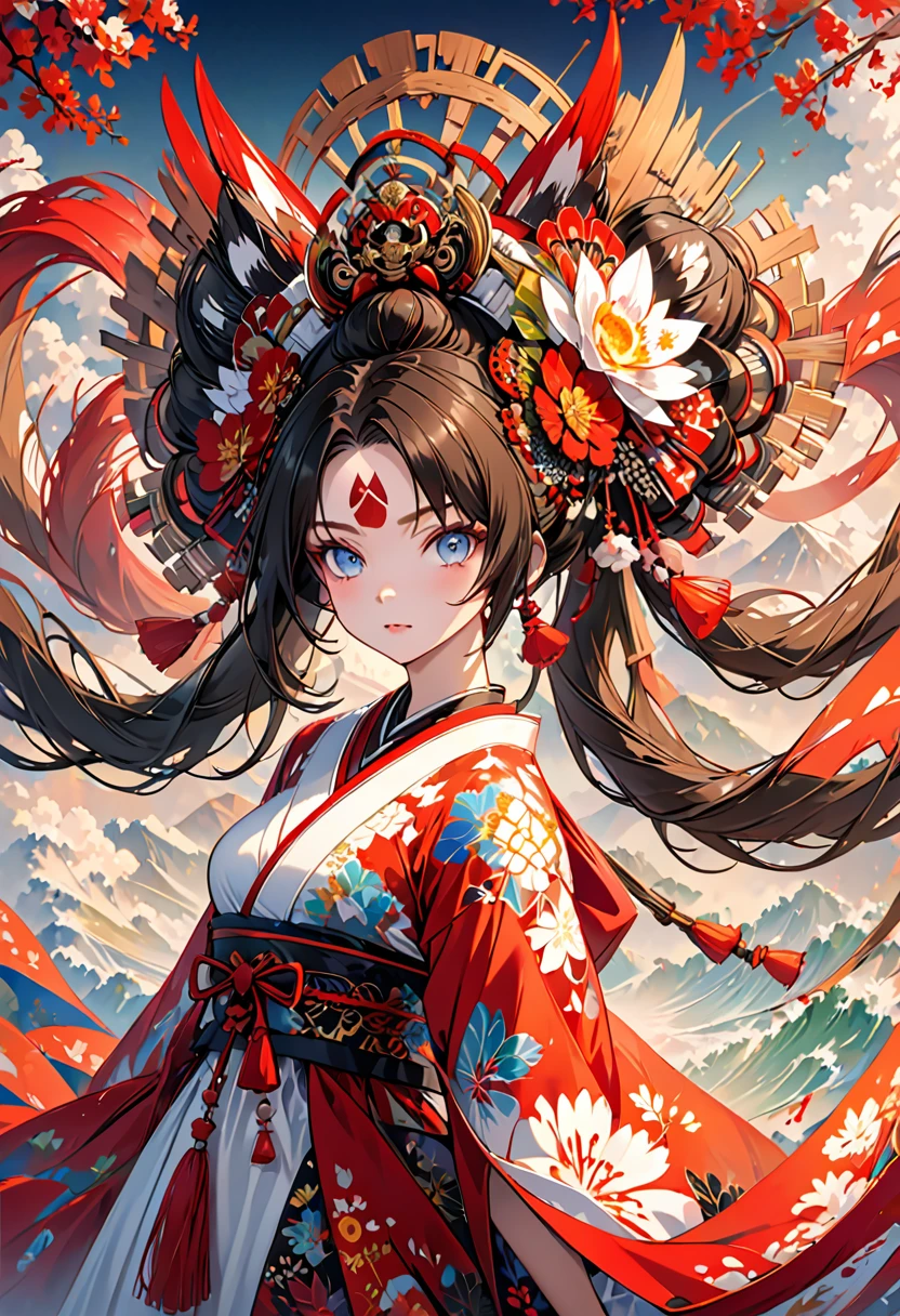 Ink painting, (((1 girl )), (((Tattoo in the middle of the forehead))), (((Oiran))), (((Great hair accessories))), Demon possession, , (((Masterpiece、Top quality للصورة、Highest quality、وحدة Very detailed 8kWall paper))), ((And covered with jewelry, an illustration of a single girl、All body covered))、(((beautiful girl))), (Masterpiece, Top quality, Best quality, Official art, Beautiful and aesthetic:1.2), A girl stood alone in front of an amazing work of art., Her eyes are wide with admiration., (Very detailed), Face up close, (Fractal art:1.3), All body covered بدقة, The intricate patterns and colors of the Fractal artwork surrounded her, Every line and curve is carefully designed..Colorful spirals and geometric shapes blend seamlessly., Resulting in the creation of a stunning piece that captured the essence of abstract beauty.. (Top detailed), Every little detail is meticulously drawn., She invited viewers to explore the depths of art and lose themselves in its complexities..