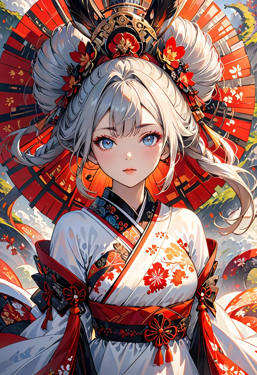 Ink painting, (((1 girl )), (((Tattoo in the middle of the forehead))), (((Oiran))), (((Great hair accessories))), Demon possession, , (((Masterpiece、Top quality للصورة、Highest quality、وحدة Very detailed 8ｋWall paper))), ((And covered with jewelry, an illustration of a single girl、All body covered))、(((beautiful girl))), (Masterpiece, Top quality, Best quality, Official art, Beautiful and aesthetic:1.2), A girl stood alone in front of an amazing work of art., Her eyes are wide with admiration., (Very detailed), Face up close, (Fractal art:1.3), All body covered بدقة, The intricate patterns and colors of the Fractal artwork surrounded her, Every line and curve is carefully designed..Colorful spirals and geometric shapes blend seamlessly., Resulting in the creation of a stunning piece that captured the essence of abstract beauty.. (Top detailed), Every little detail is meticulously drawn., She invited viewers to explore the depths of art and lose themselves in its complexities..
