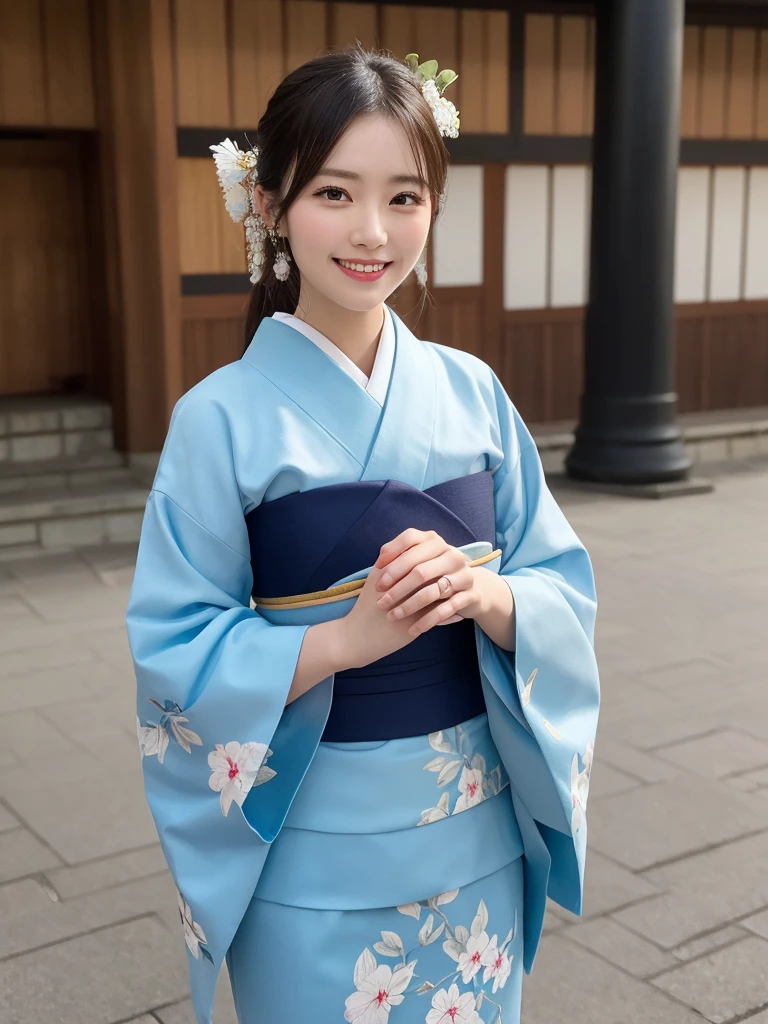1girl, solo, highres, best_quality, masterpiece, detailed_background, intricate_details, beautiful, sendai, sendai_castle, historical, traditional_clothes, kimono, smile, looking_at_viewer, dynamic_pose, natural_pose, candid, happy