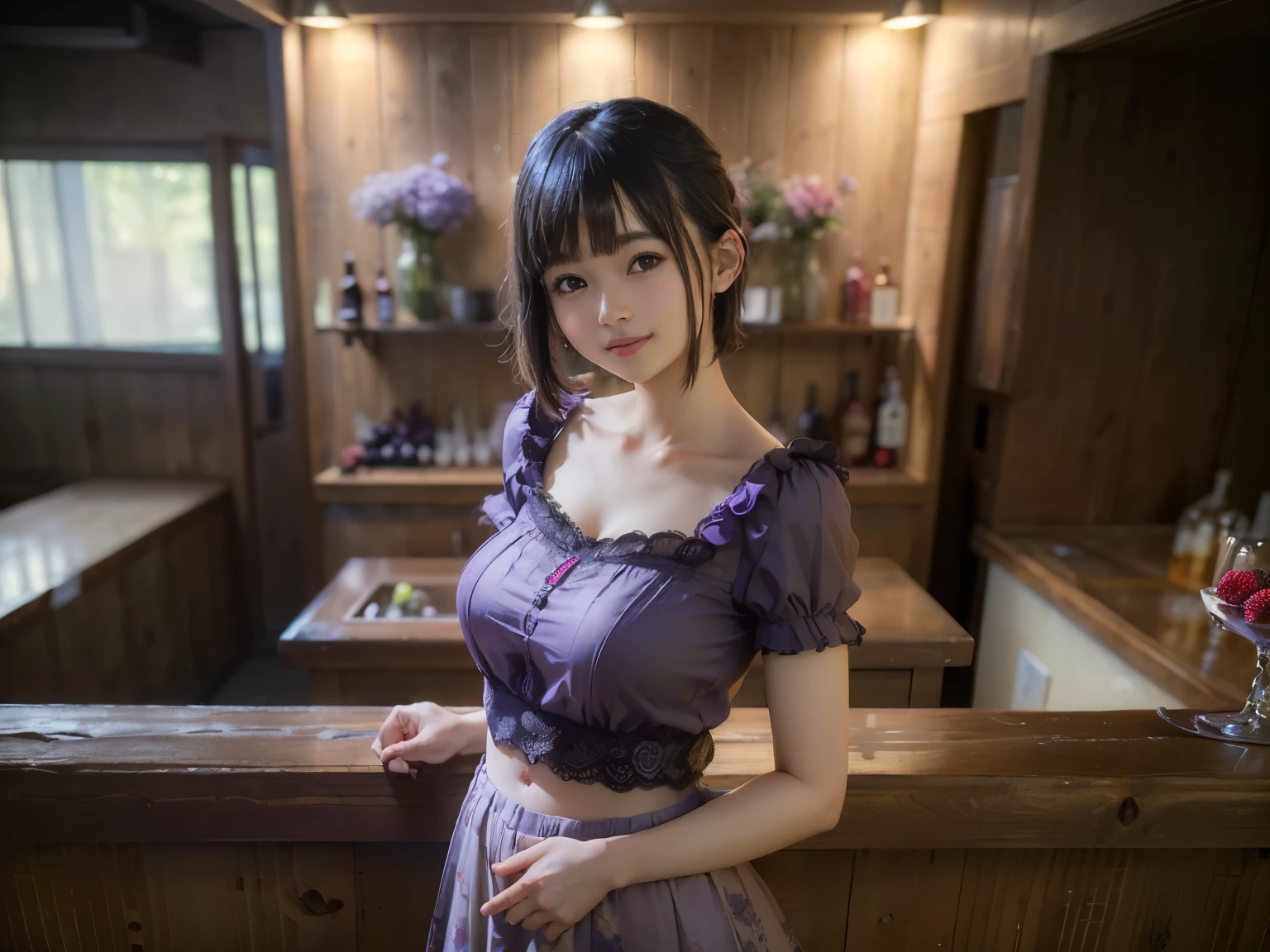 (Highest quality, masterpiece, Ultra-high resolution, 8k, RAW Photos, Realistic, Anatomically correct:1.5), 20-year-old girl:1.2, Embarrassing, avert your eyes, blush:1.0, View Viewer, ((bar)) 、Large windows、Night view、 Light:1.2, Bokeh, Cinema Lighting:1.0, Depth of written boundary, sharp、 Cute Face、Idol、(Black short sleeve lace top)、(Black tulle skirt)、(Purple clothes)、(Floral clothes)、”dwarf”、(Full Body Shot)、(Side angle)、Cowboy Shot、( smile)、((Ultra short hair、Berry Short))、(Straight bangs)、((See-through))、(( One woman))、look back、I can see your belly button、