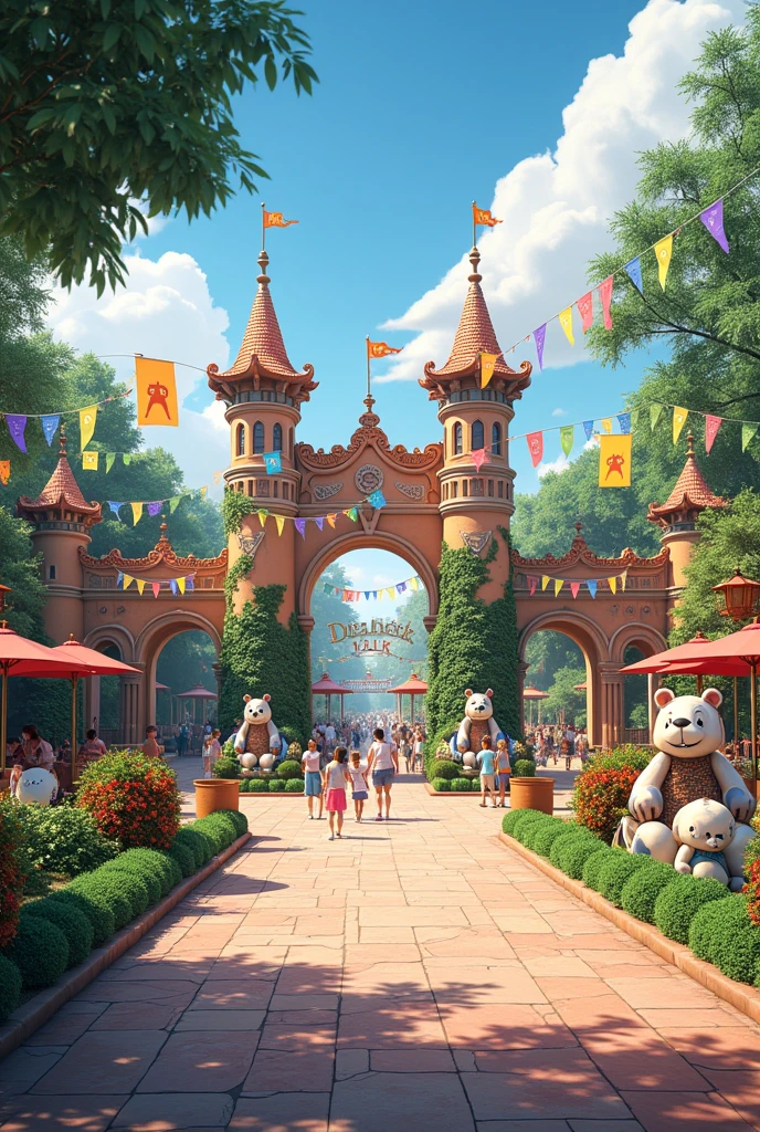 panoramic view of the zoo’s grand entrance, bursting with bright banners and lively animal-themed decorations.