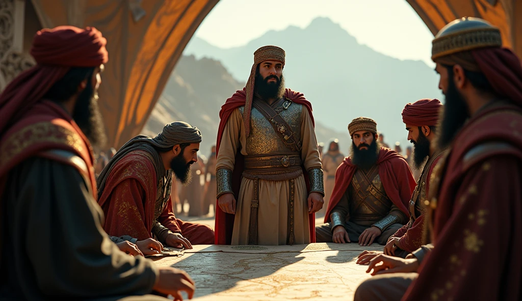 Create a cinematic, ultra-realistic scene of Thariq bin Ziyad and his generals planning an attack. Thariq, dressed in detailed Islamic warrior attire with a turban and armor, is the focal point, standing over a map with a determined expression. His generals, similarly dressed, are gathered around him, each contributing to the strategy. The setting is dramatic and epic, with a large tent or a mountainous landscape in the background. The lighting is dynamic, with deep shadows and sharp highlights that accentuate the seriousness of the moment. The color grading enhances the contrast between the rich, warm tones of the warriors' attire and the cool, muted tones of the background, creating a powerful and immersive atmosphere
