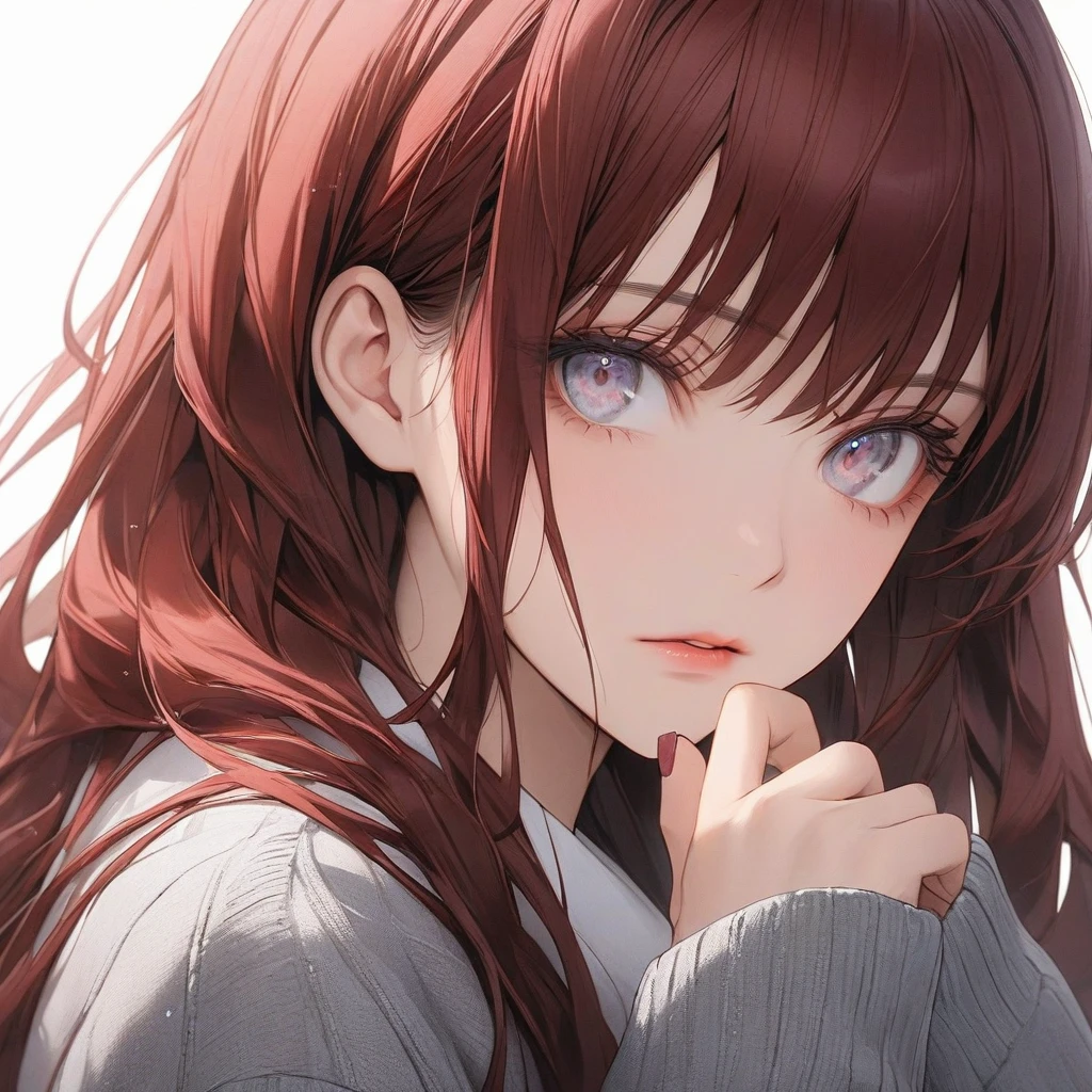 high resolution, Masterpiece, Anatomically correct, precise, qualityที่ดีที่สุด, quality, 1 woman, Age 25 years ,long hair, dark red hair, silver eyes,big breasts, full bangs , Dark makeup, A cold expression simple background, Close-up , Anime style,Wearing oversized shirt, grey cardigan, Sharp eyes ,mature woman, 