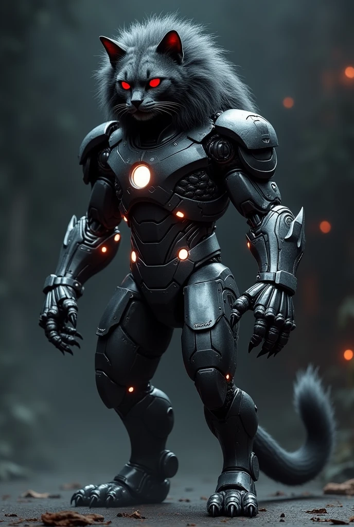 Black cat with iron man body red eyes with lion type face 